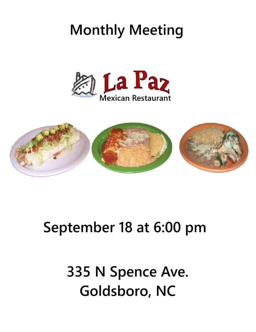 Club Meeting on 9/18/25 6:00 pm at La Paz Mexican Restaurant in Goldsboro, NC.